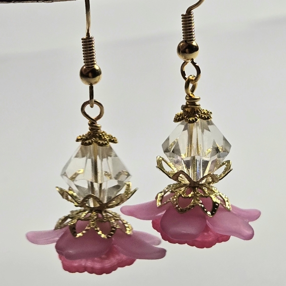 Flower Crystal Fairy Earrings Pink Gold Filled Ear Wires. - Picture 2 of 6